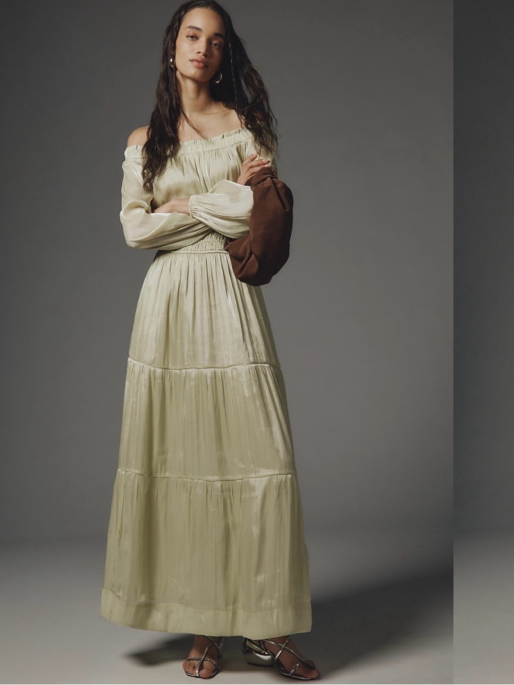 Anthropologie Off-Shoulder Tiered Maxi Dress in Pale Sage Size 2X